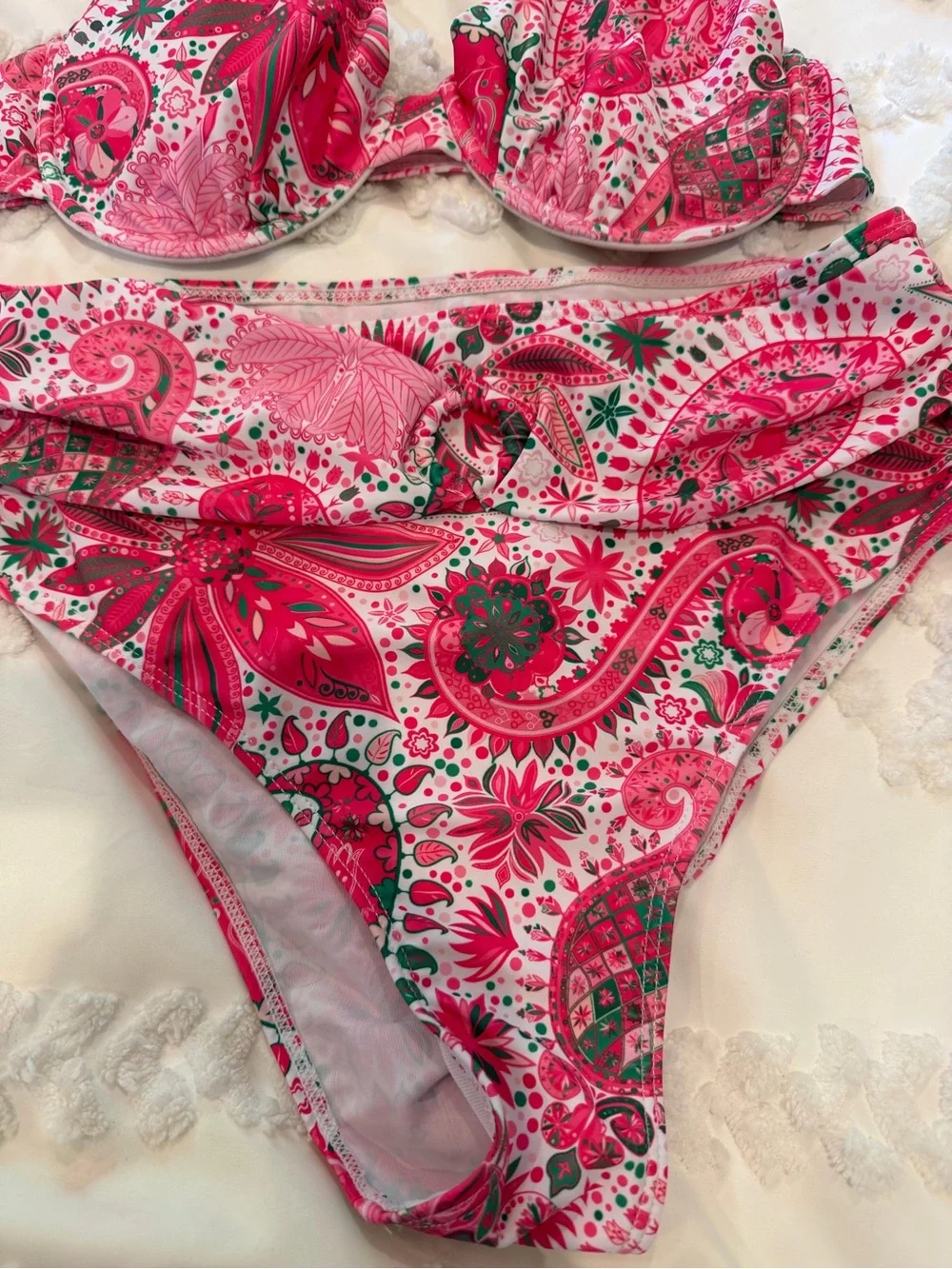 High-Waist Pink Paisley Bikini Set - Women Swim Bikini